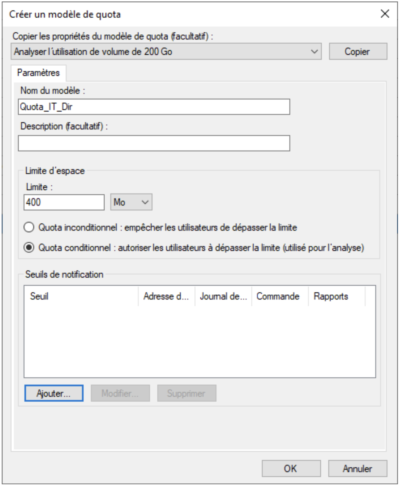 Informations du quota