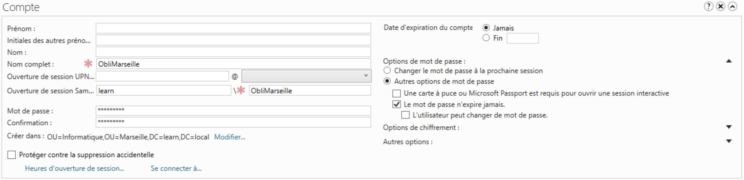 Menu création d’utilisateur