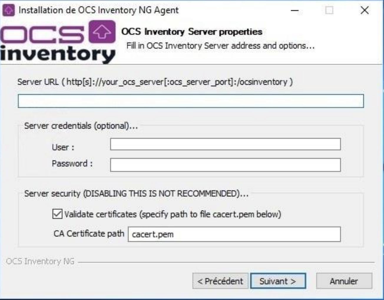 Renseignement des informations du serveur OCS