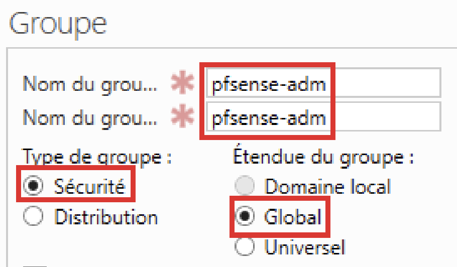 Créer un nouveau groupe de sécurité pfsense-adm